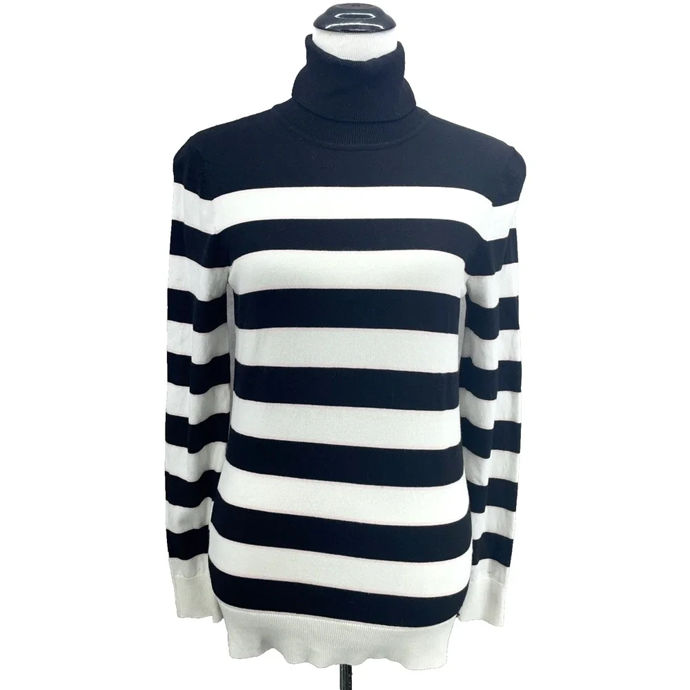 Tommy Hilfiger Women M Stripe Turtleneck Sweater Black White Classic READ Preppy
